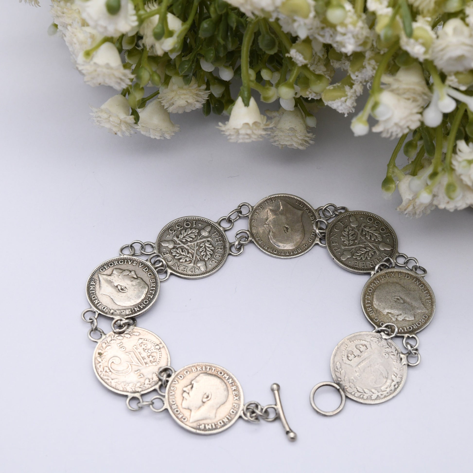 Antique Sterling Silver Threepence Coin Bracelet - Victoria 1906 Edward VII 1917 George V | Silver Coin Jewellery | Toggle Clasp