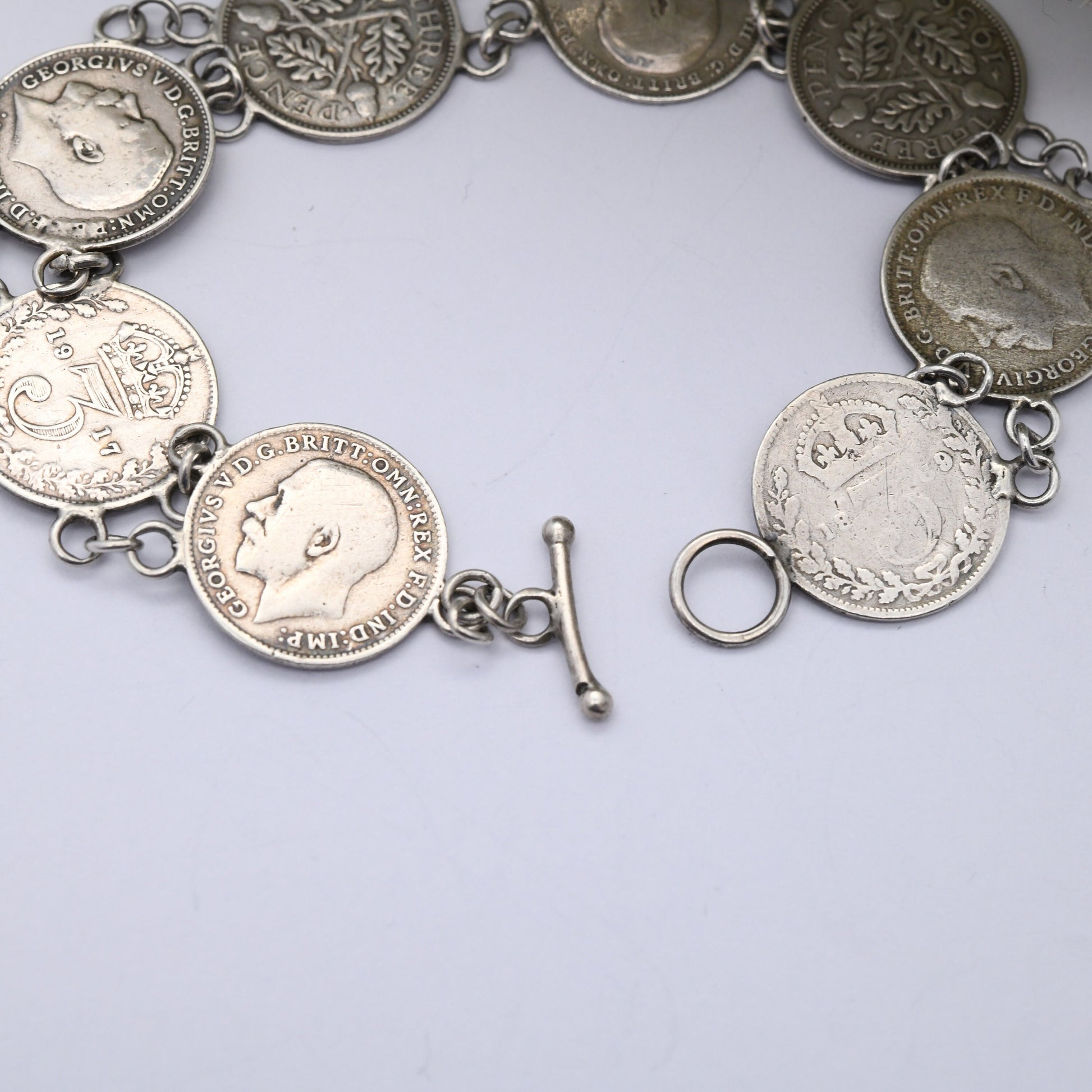 Antique Sterling Silver Threepence Coin Bracelet - Victoria 1906 Edward VII 1917 George V | Silver Coin Jewellery | Toggle Clasp