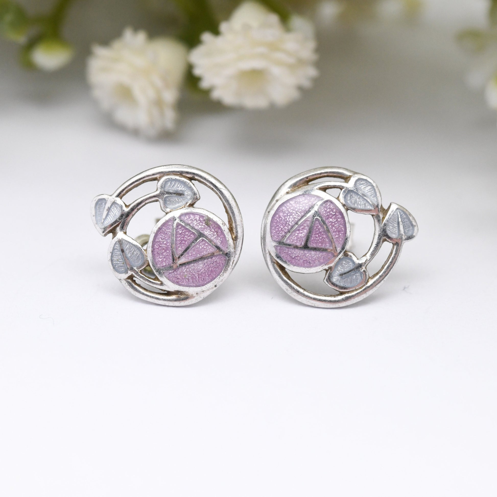 Vintage Fish Sterling Silver Enamel Stud Earrings with Glasgow Rose Design - Purple Celtic Flower