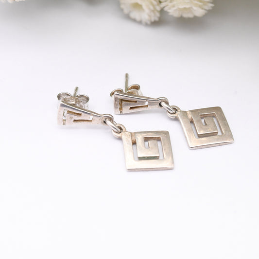 Vintage Sterling Silver Meander Drop Earrings - Openwork Greek Key Maze Design