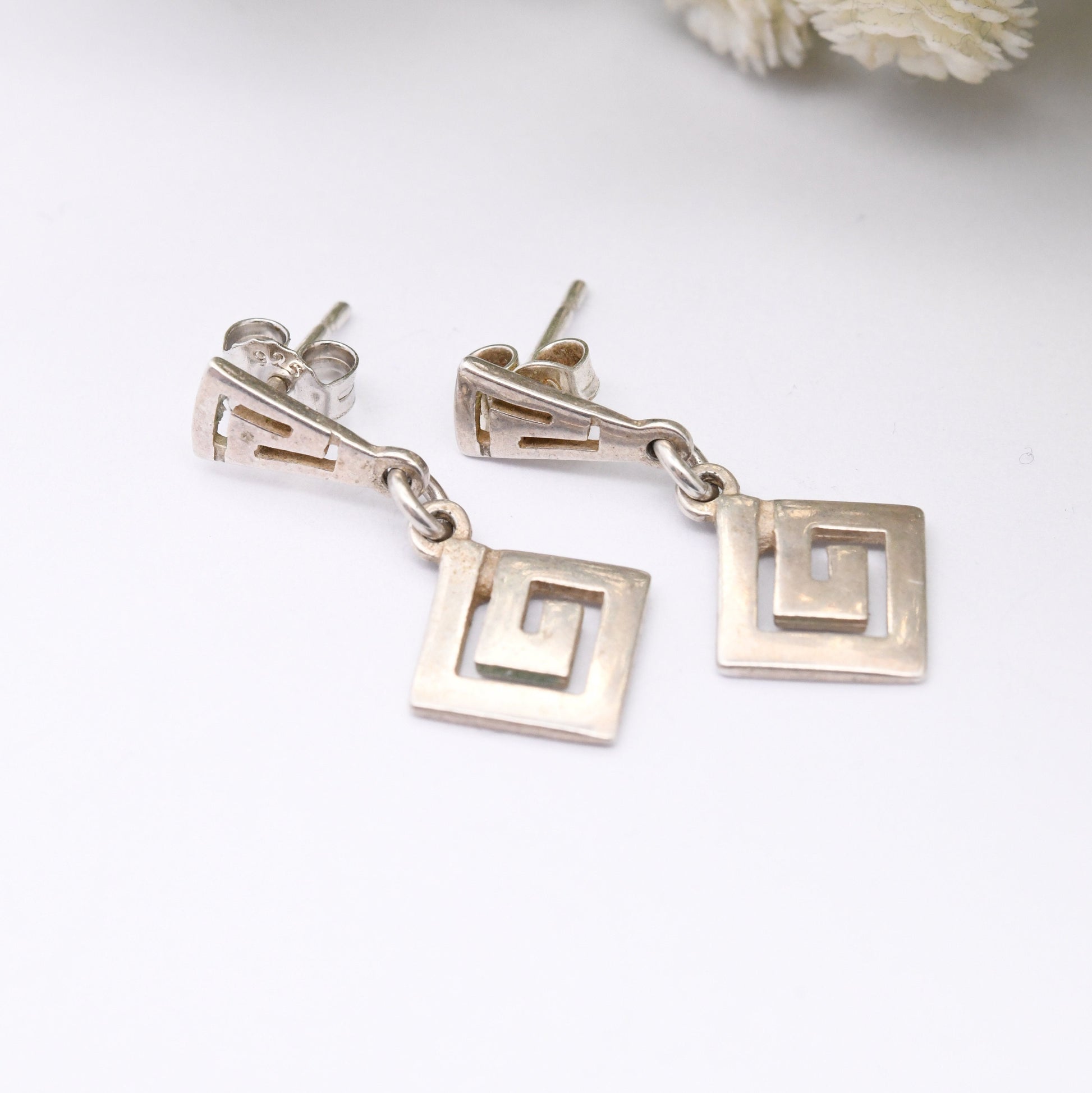 Vintage Sterling Silver Meander Drop Earrings - Openwork Greek Key Maze Design