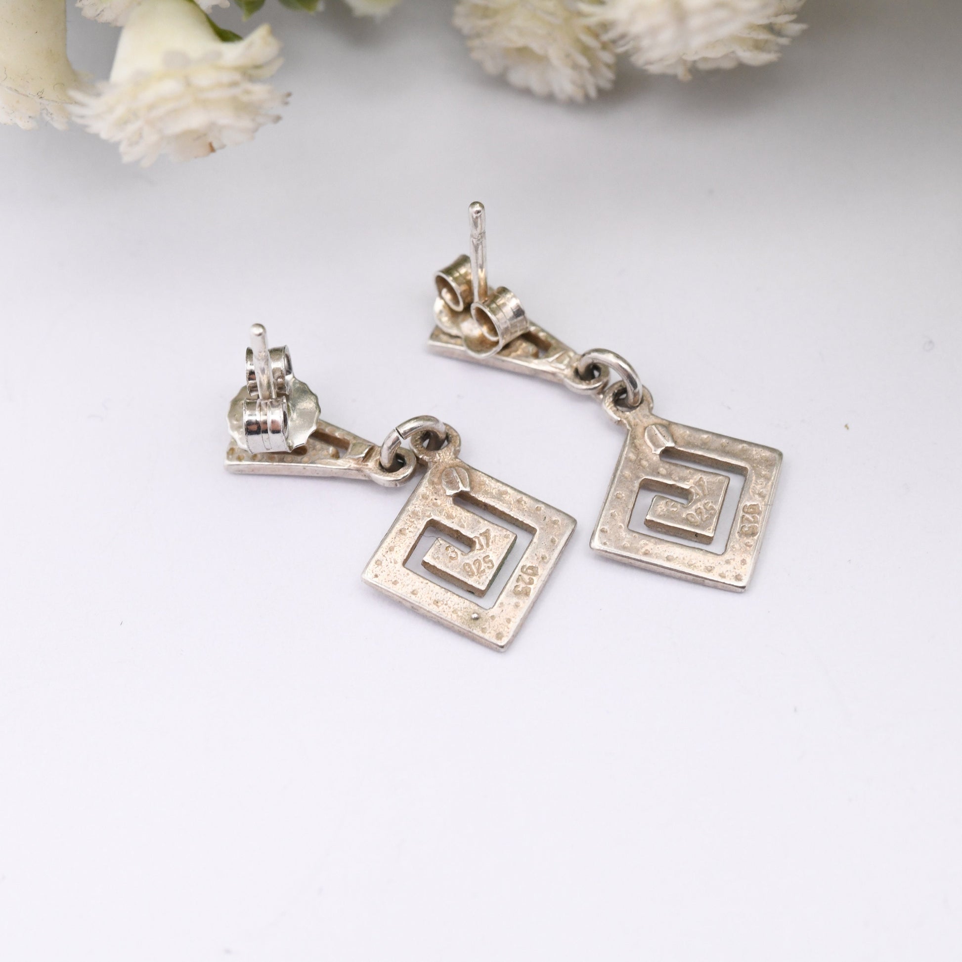 Vintage Sterling Silver Meander Drop Earrings - Openwork Greek Key Maze Design