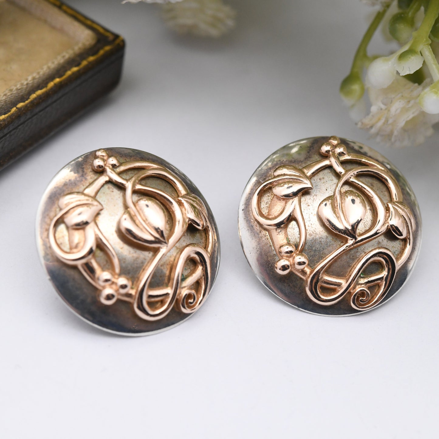 Vintage Welsh Gold and Sterling Silver Tree of Life Stud Earrings 1997 - Large Interwoven Celtic Twisted Plants