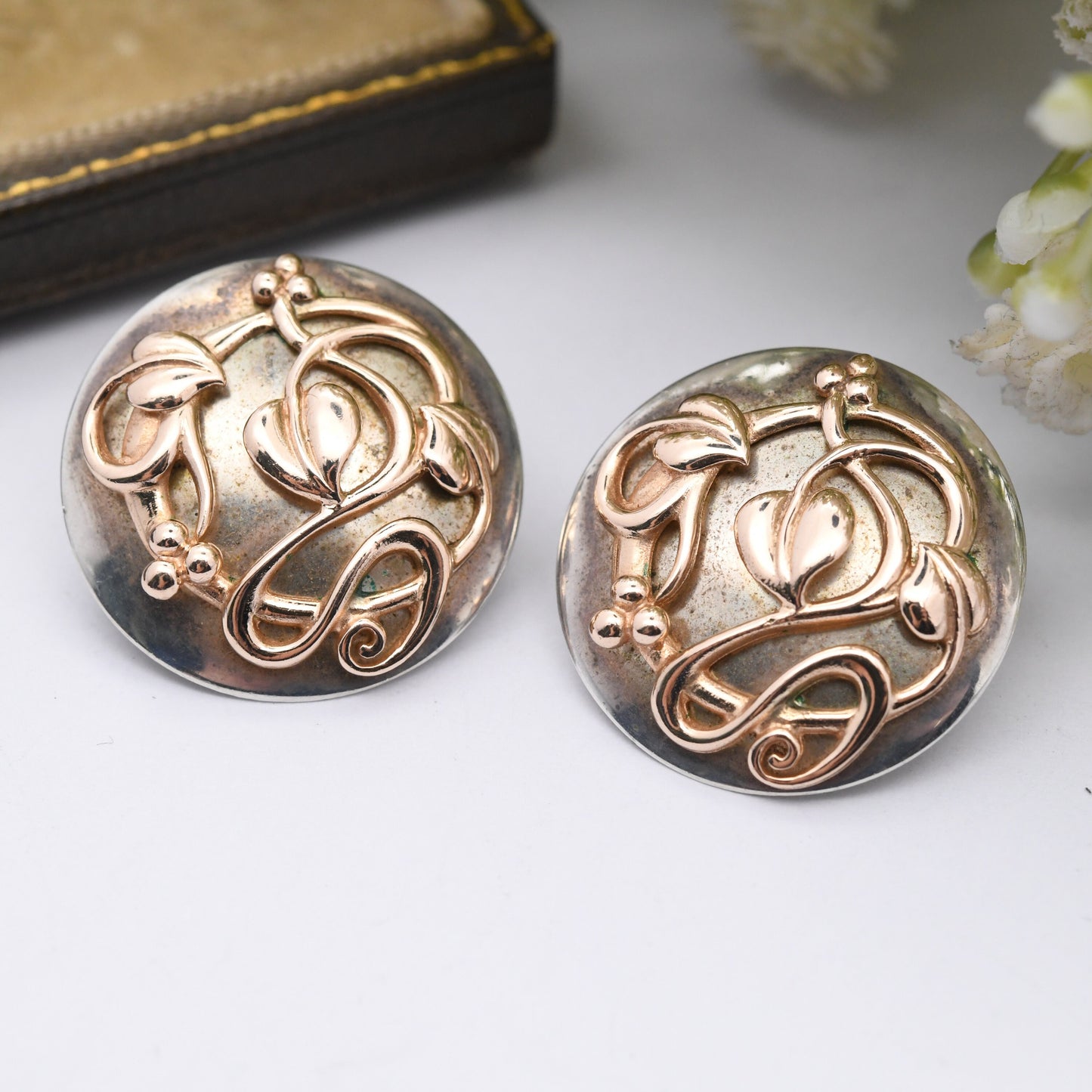 Vintage Welsh Gold and Sterling Silver Tree of Life Stud Earrings 1997 - Large Interwoven Celtic Twisted Plants