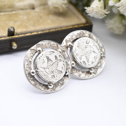 Antique Victorian Aesthetic Movement Silver Earrings with Hand Engraved Bird Design - Swallow Jewellery | Antique Button Conversion Earrings