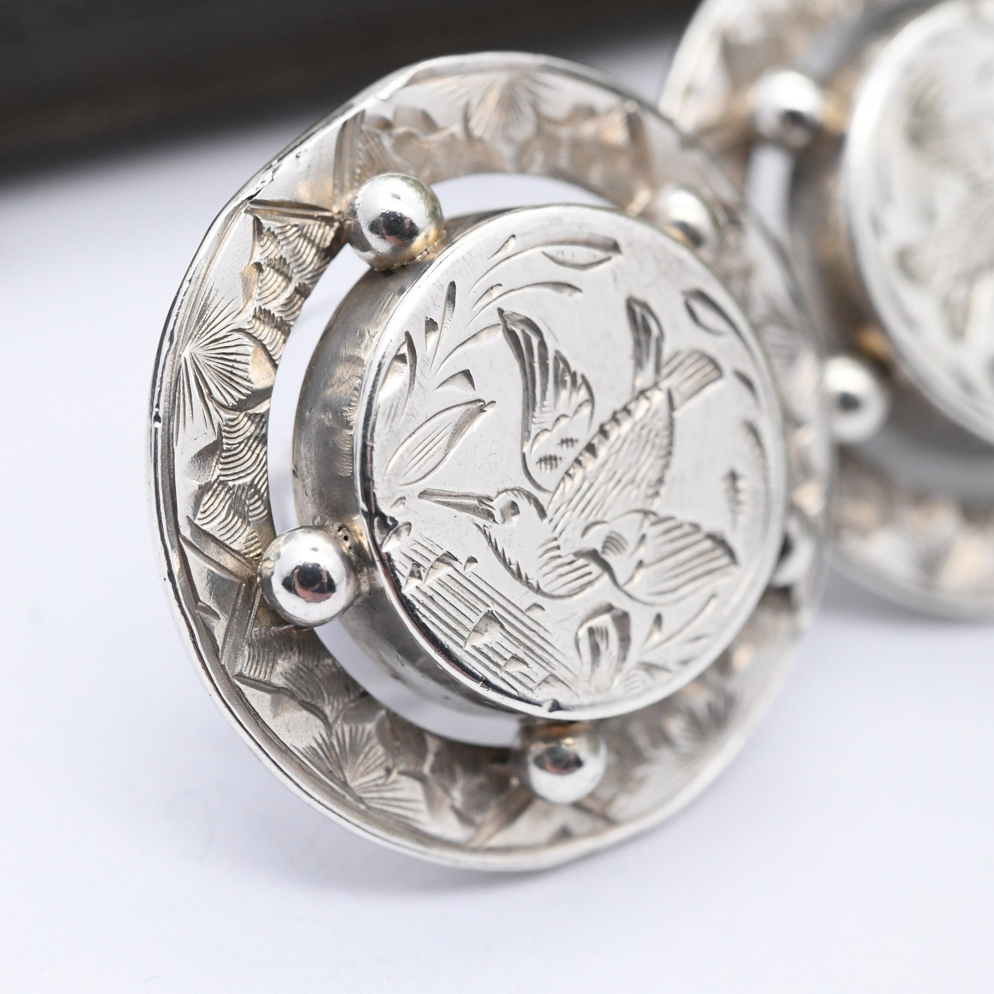 Antique Victorian Aesthetic Movement Silver Earrings with Hand Engraved Bird Design - Swallow Jewellery | Antique Button Conversion Earrings