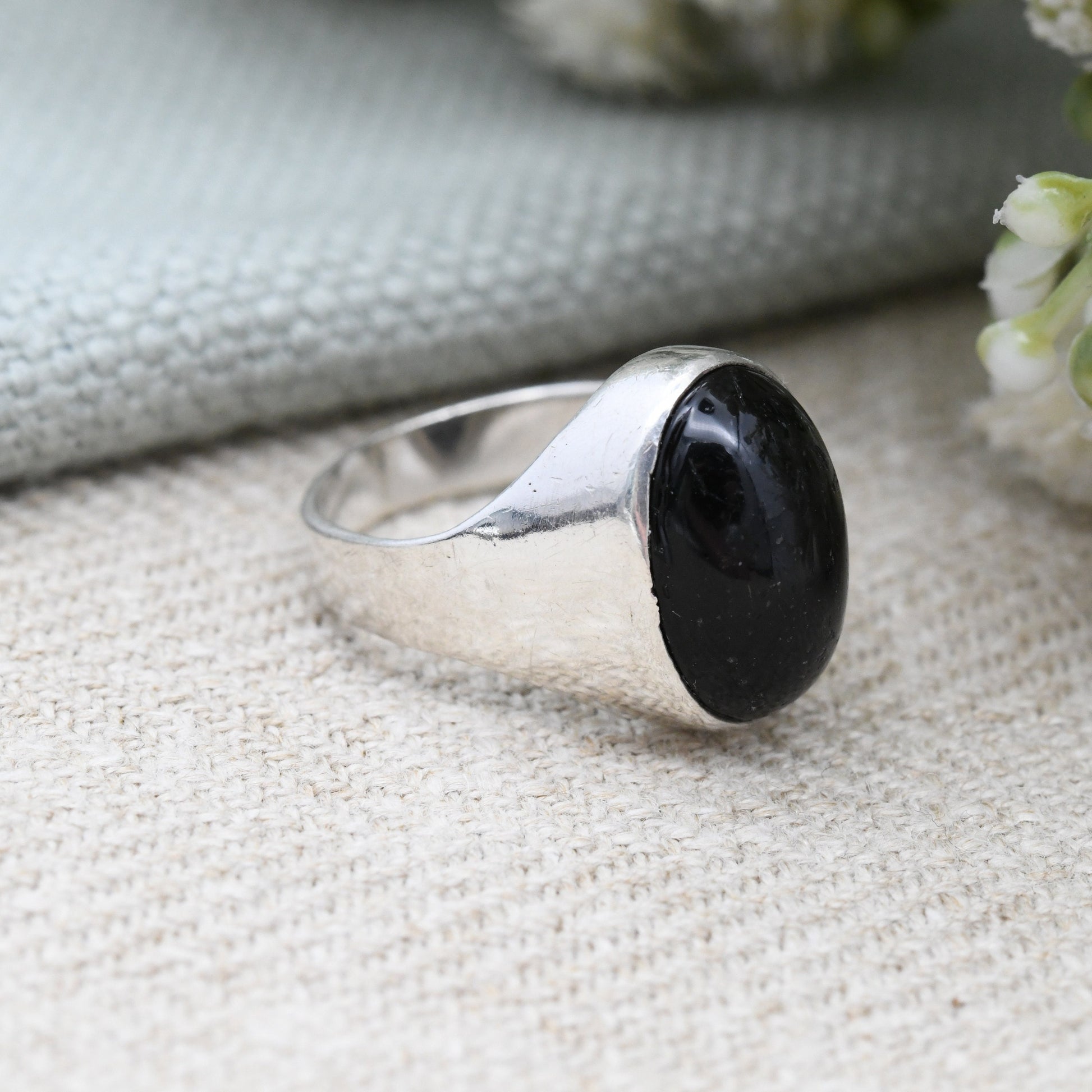 Vintage Sterling Silver Black Stone Statement Ring - Mid-Century Signet | Large Cabochon | UK Size - M | US Size - 6 1/4