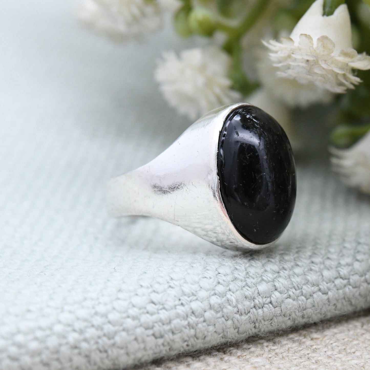 Vintage Sterling Silver Black Stone Statement Ring - Mid-Century Signet | Large Cabochon | UK Size - M | US Size - 6 1/4