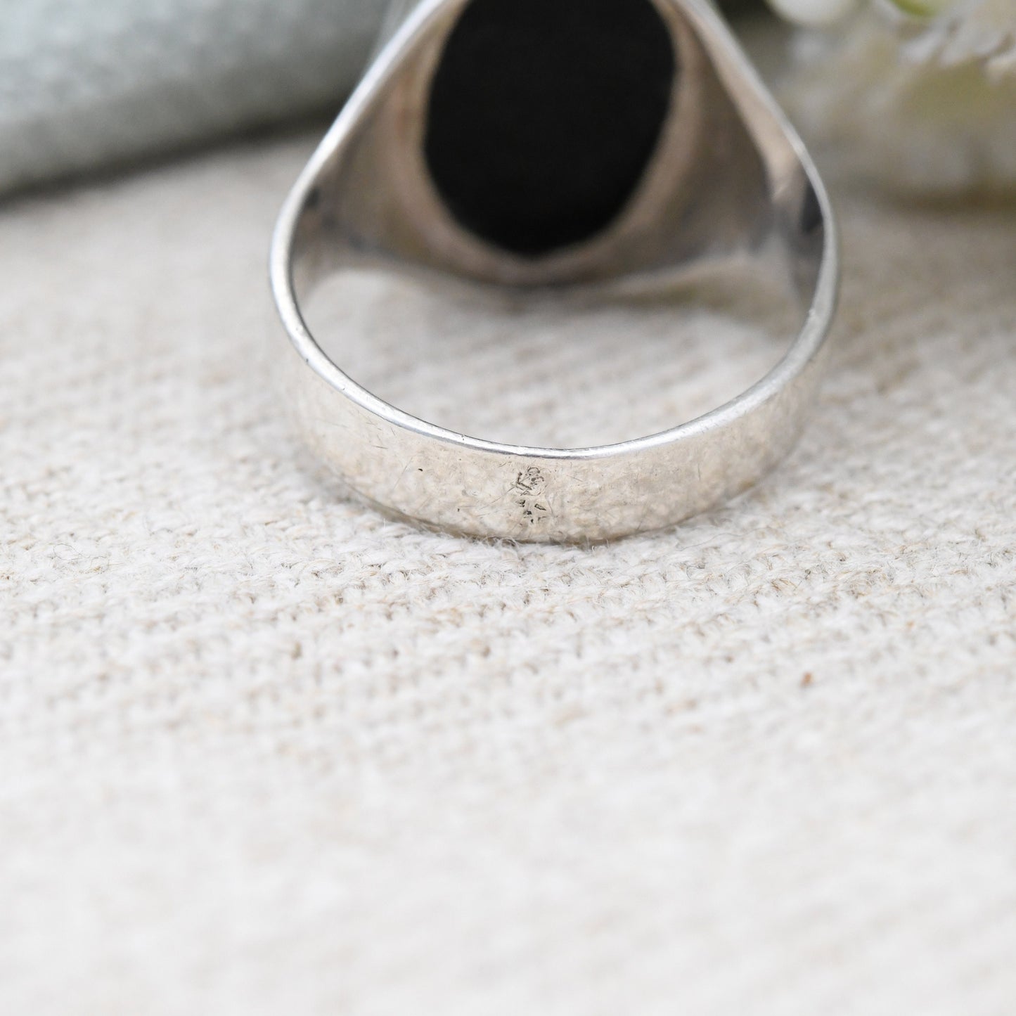 Vintage Sterling Silver Black Stone Statement Ring - Mid-Century Signet | Large Cabochon | UK Size - M | US Size - 6 1/4