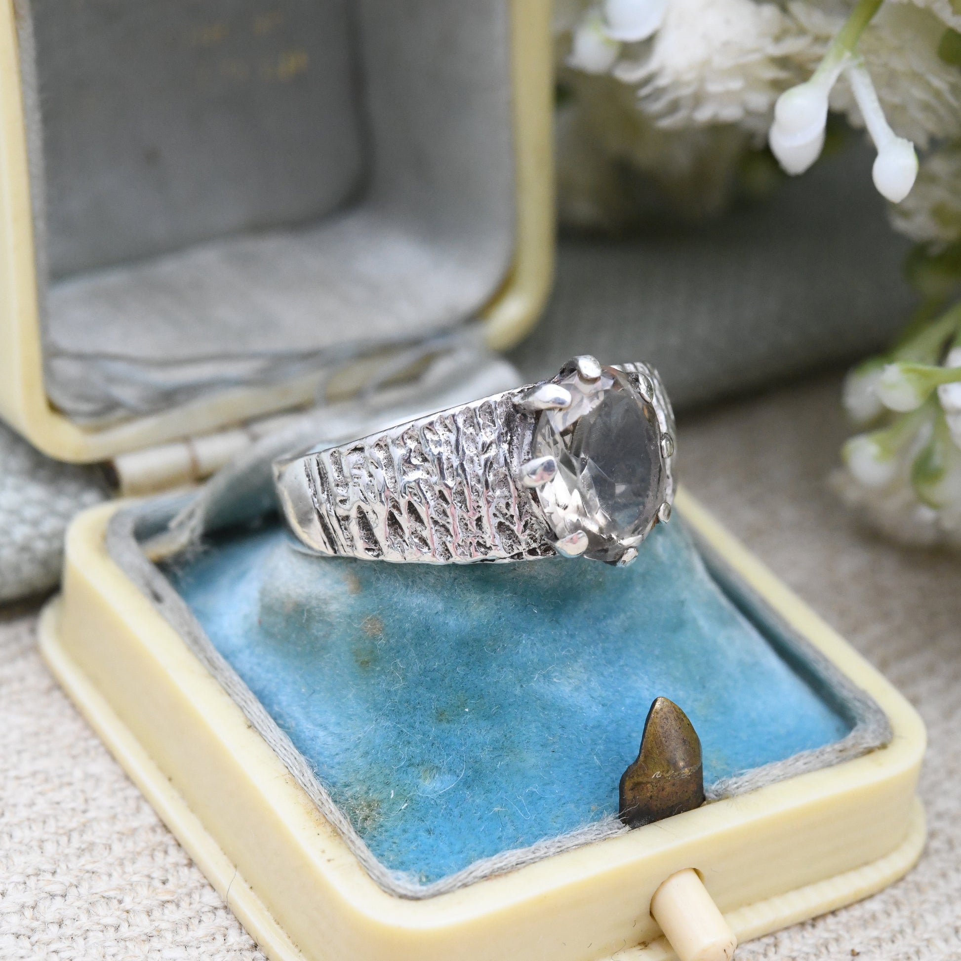 Vintage Brutalist Sterling Silver Smoky Quartz Ring - Faceted Gemstone | Chunky Mid-Century Textured Band | UK Size - Q 1/2 US Size - 8 1/4