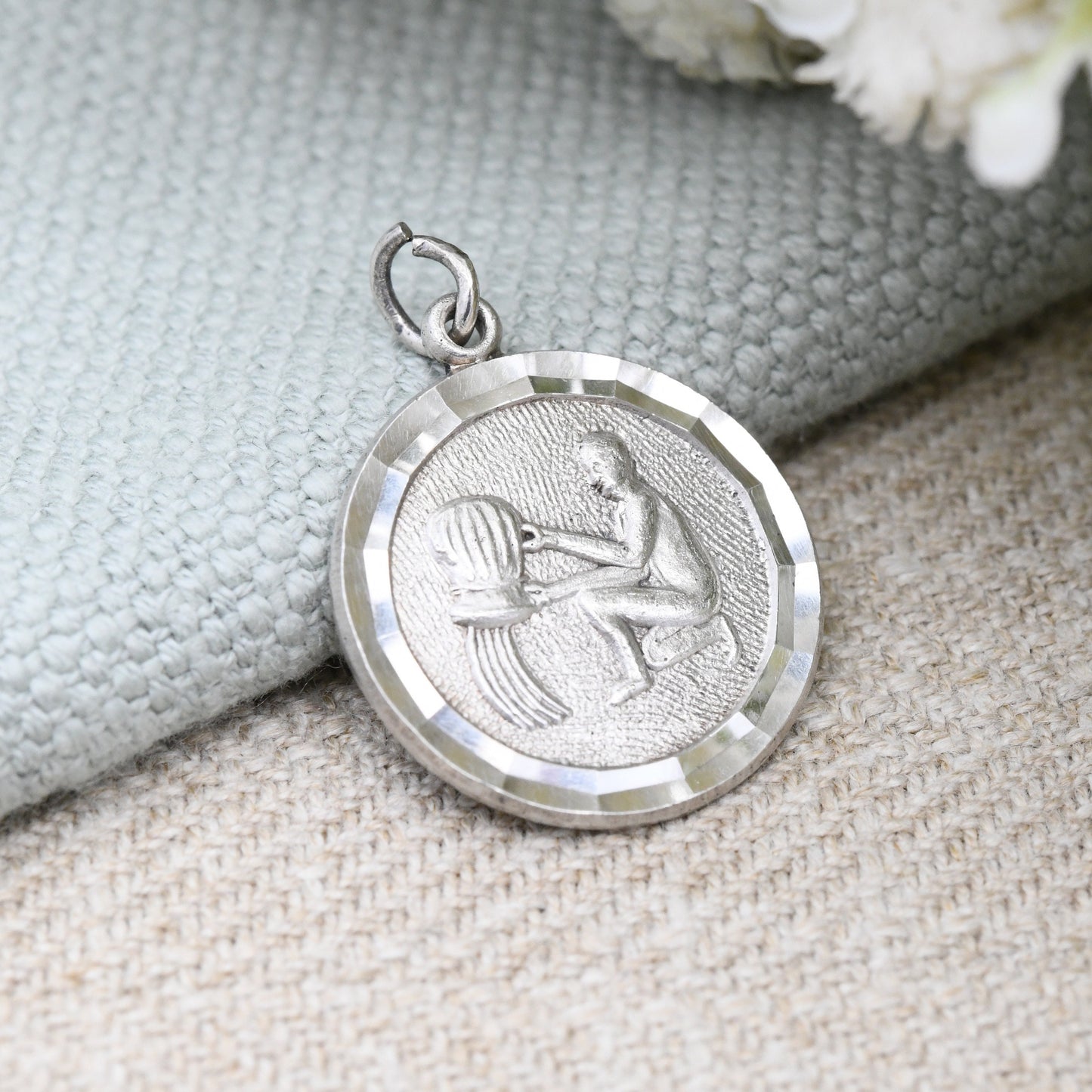 Vintage Silver Aquarius Pendant Water Carrier - Horoscope Zodiac Sign | Astrology Symbol Necklace | January February Birthday Gift