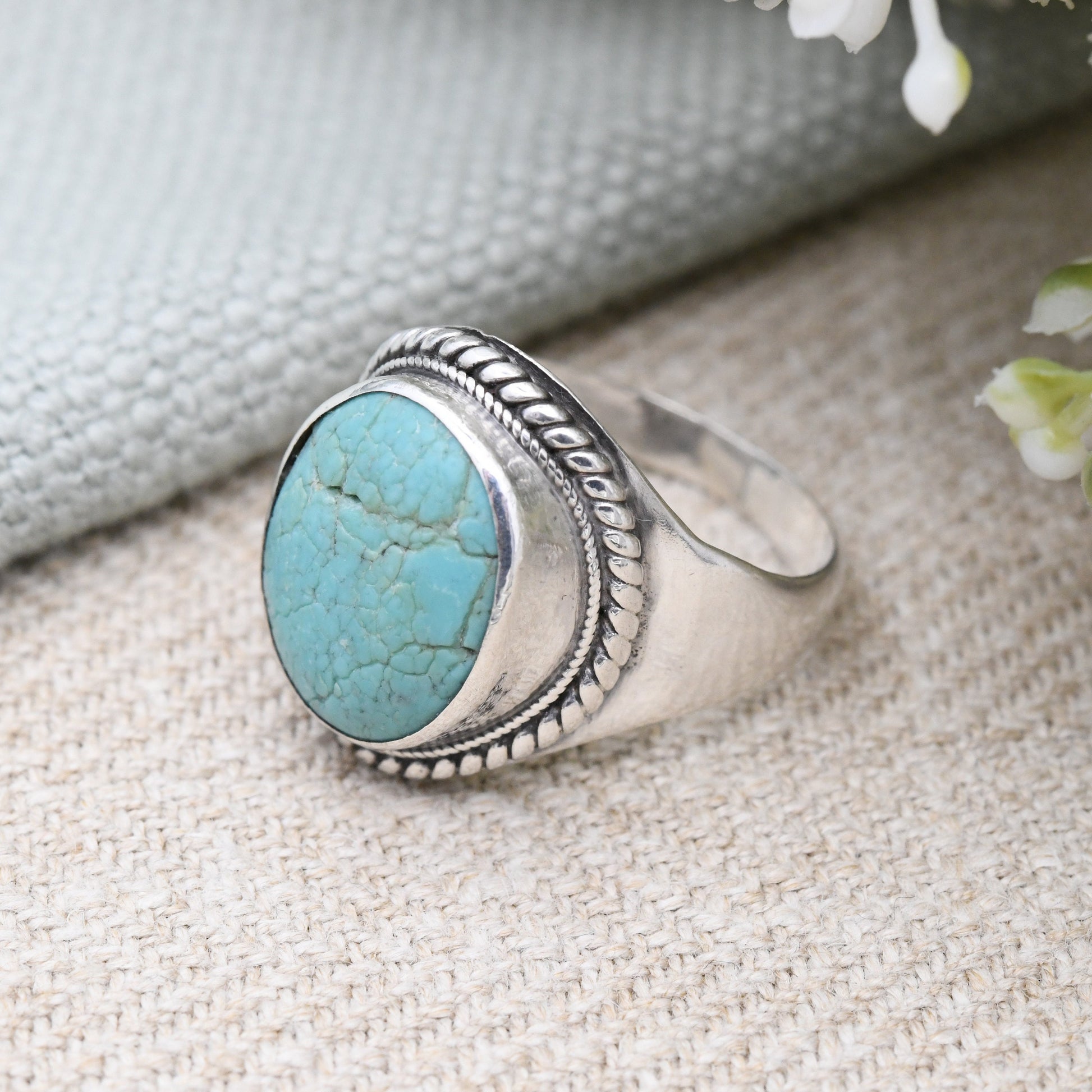 Vintage Sterling Silver Blue Stone Ring with Rope Twist Bezel - Statement Sky Blue Stone | Pitted Cabochon | UK Size - Q | US Size - 8 1/4