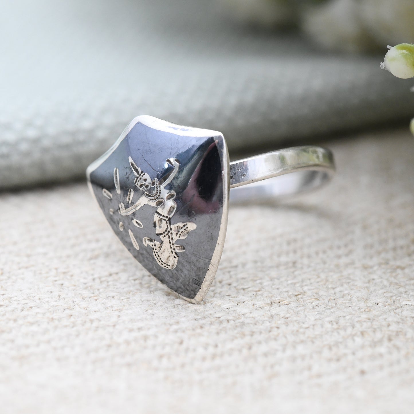 Vintage Siam Sterling Silver Shield Ring - Mekhala Goddess of Lightning | Thailand Black Niello | Adjustable Band | UK Size - Q US Size - 8