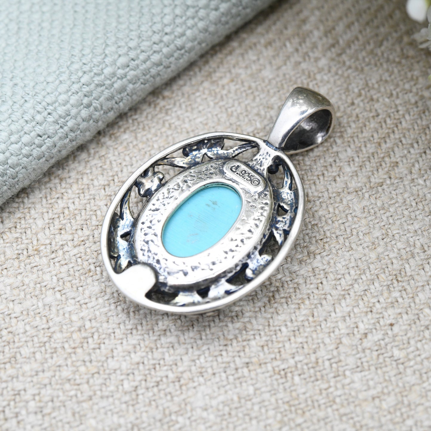 Carolyn Pollack Sterling Silver Turquoise Pendant Relios - Cabochon Large Blue Stone with Flower Border