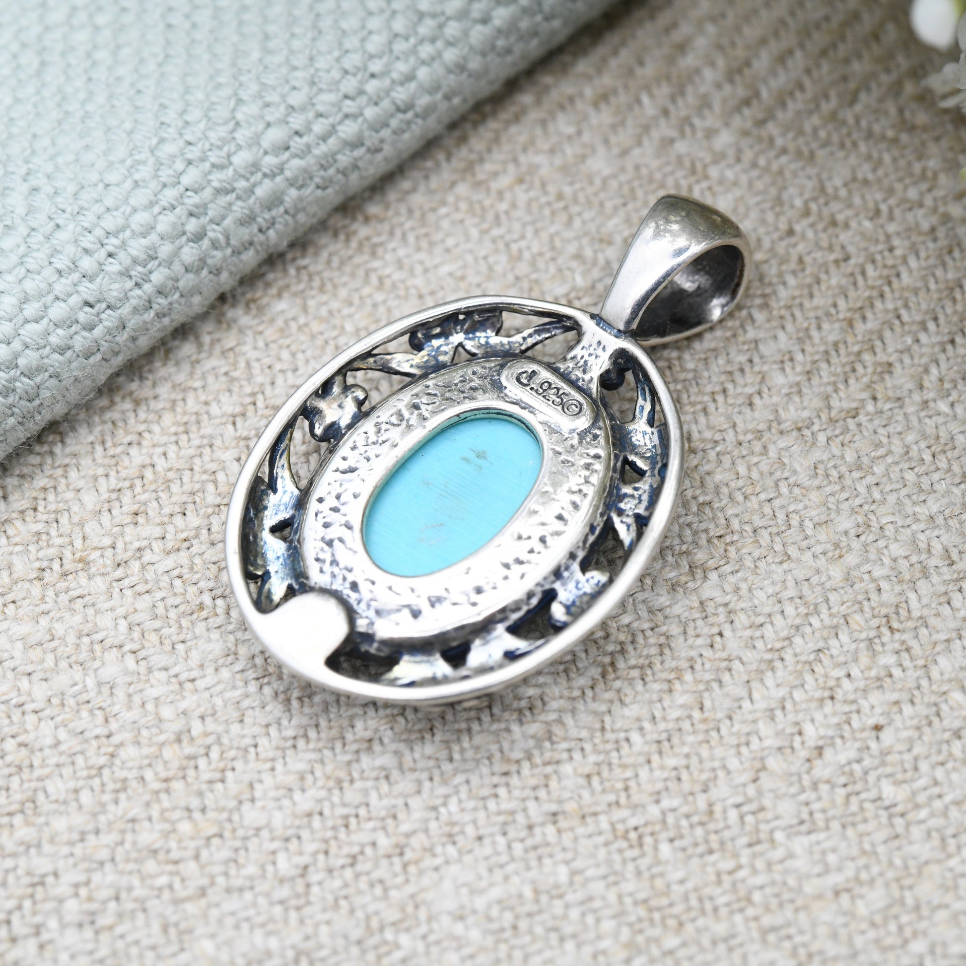 Carolyn Pollack Sterling Silver Turquoise Pendant Relios - Cabochon Large Blue Stone with Flower Border