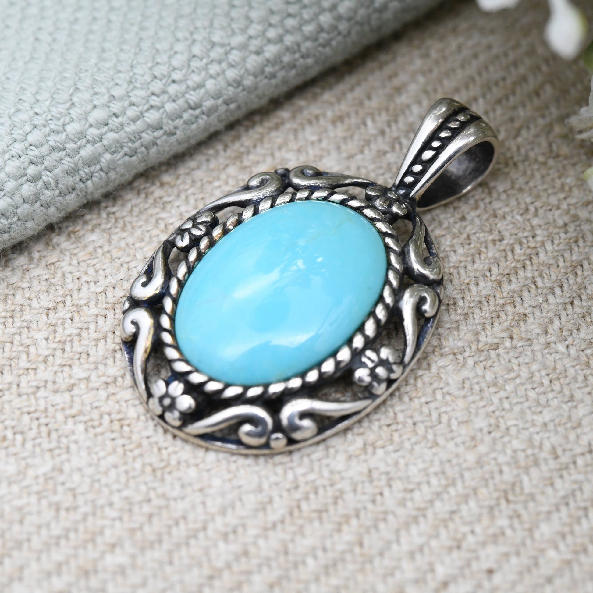 Carolyn Pollack Sterling Silver Turquoise Pendant Relios - Cabochon Large Blue Stone with Flower Border