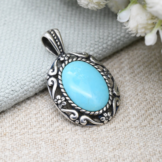 Carolyn Pollack Sterling Silver Turquoise Pendant Relios - Cabochon Large Blue Stone with Flower Border