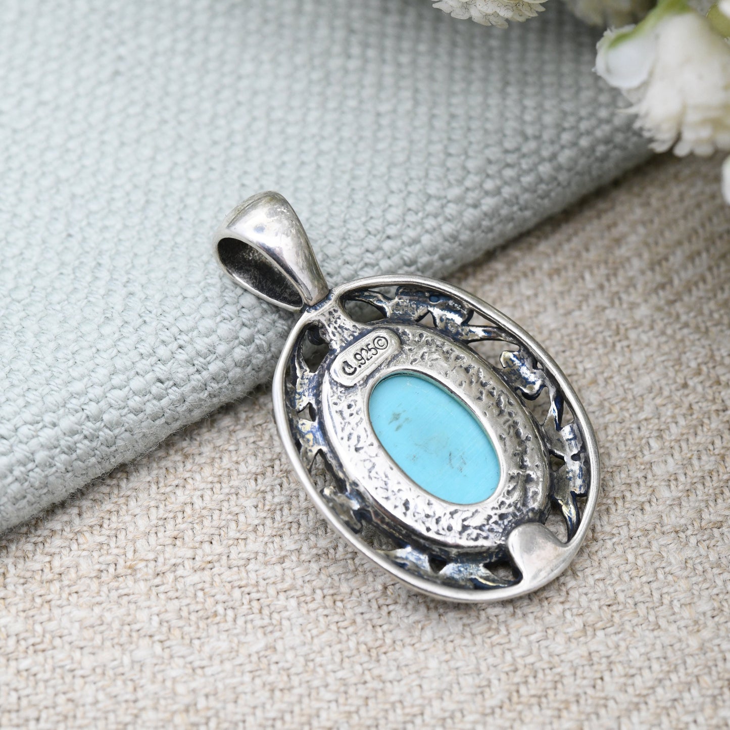 Carolyn Pollack Sterling Silver Turquoise Pendant Relios - Cabochon Large Blue Stone with Flower Border