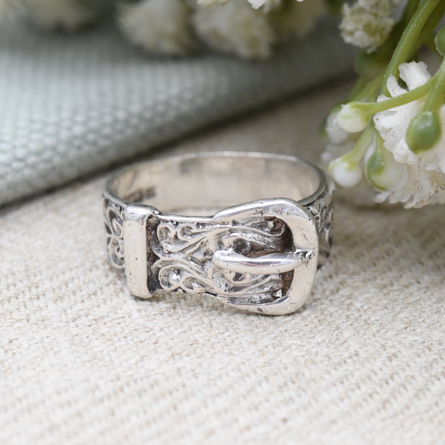 Vintage Sterling Silver Buckle Ring 1976 - Mid-Century Victorian Revival Unisex Large Belt Ring Chunky Pattern | UK Size - U | US Size - 10