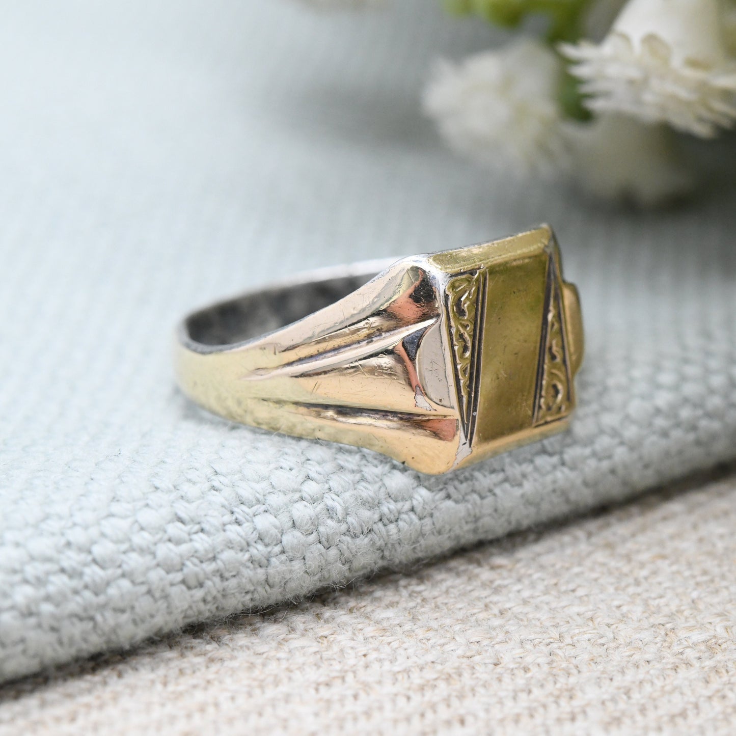 Vintage 9ct Gold Plated Sterling Silver Signet Ring - Large Men's Signet | Gift for Him | 9ct on Silver | UK Size - V | US Size - 10 1/2