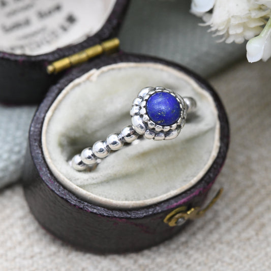 Pandora Sterling Silver Lapis Lazuli Ring with Bubble Band - Pretty Everyday Stacking Solitaire | UK Size - L | US Size - 5 3/4