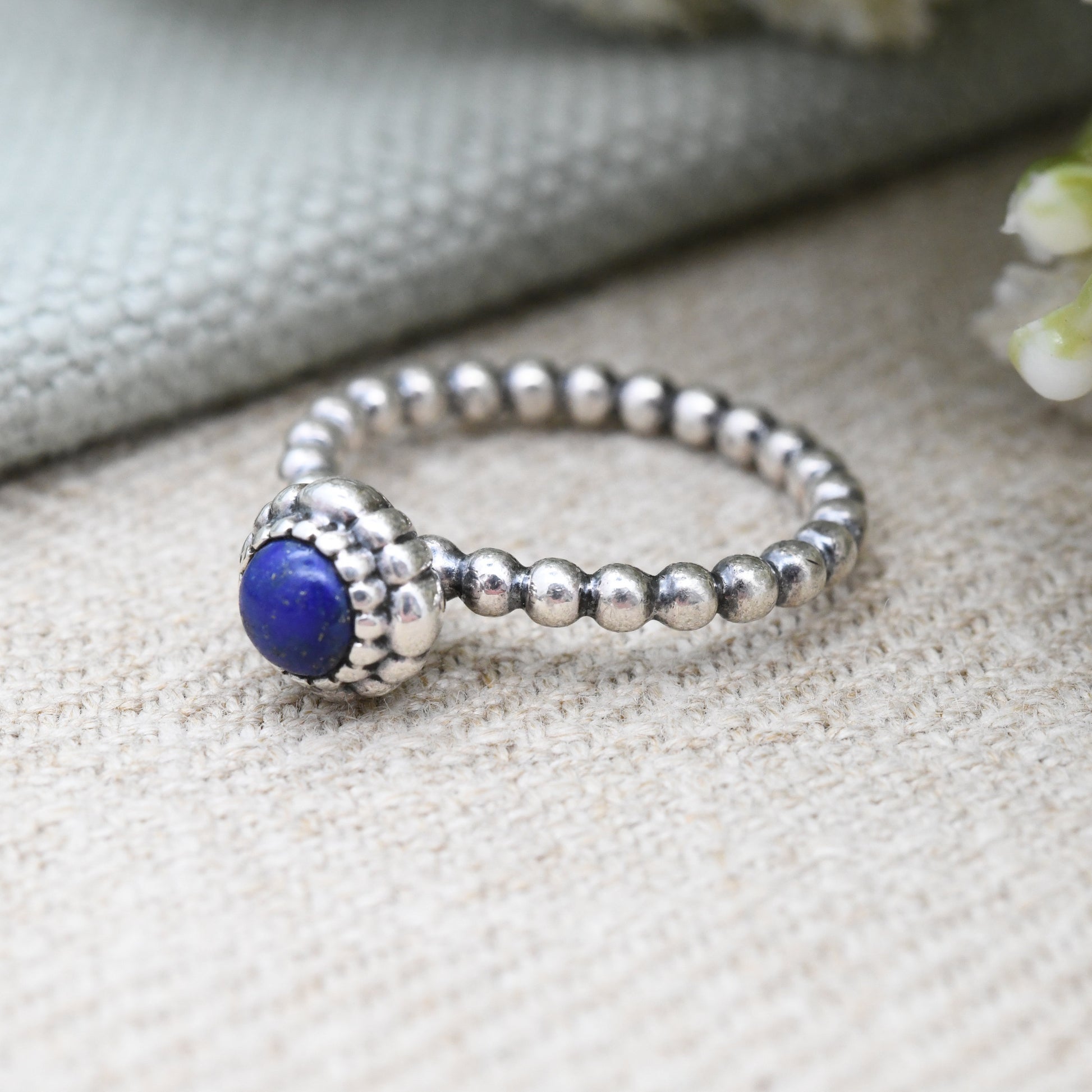 Pandora Sterling Silver Lapis Lazuli Ring with Bubble Band - Pretty Everyday Stacking Solitaire | UK Size - L | US Size - 5 3/4