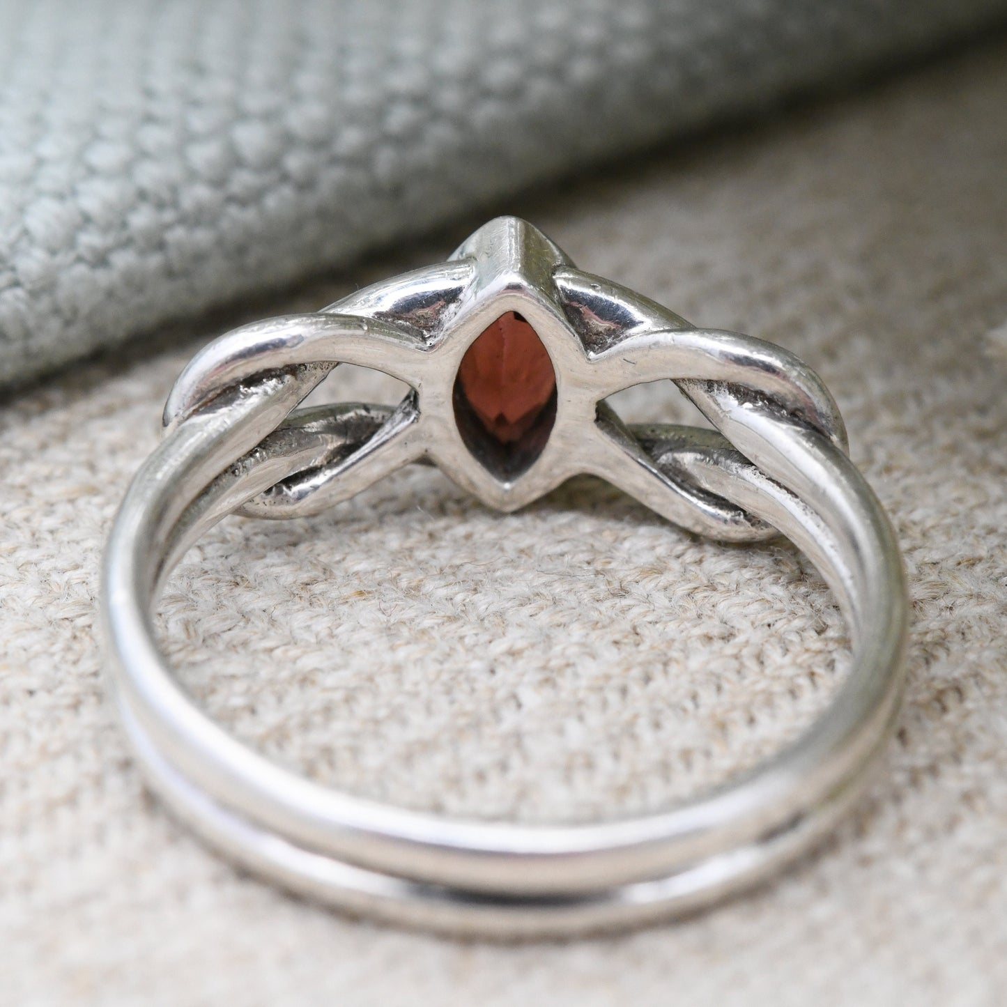 Sterling Silver Garnet Celtic Twist Ring - Pretty Red Stone Solitaire with Knotted Band | UK Size - R 1/2 | US Size - 8 3/4