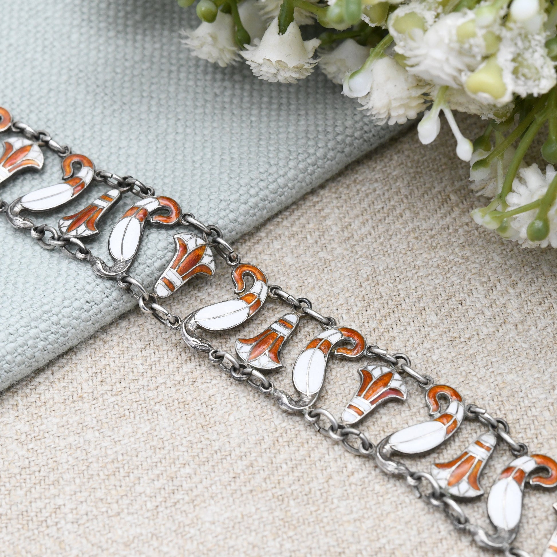 Vintage Egyptian Silver Cobra and Lotus Enamel Panel Link Bracelet - Orange and White | Detailed Flower and Snake Design