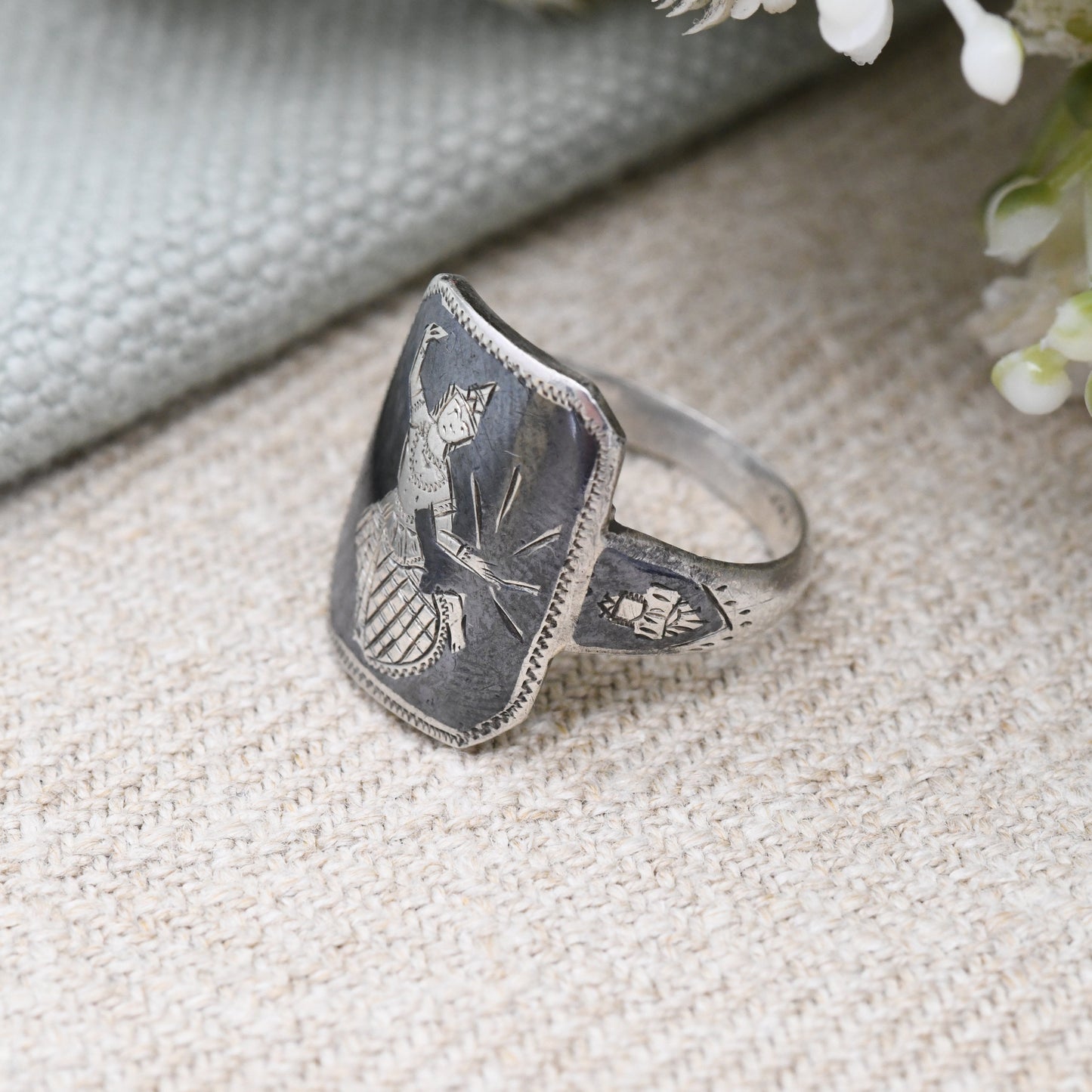 Vintage Sterling Silver Siam Black Niello Ring - Mekhala Goddess of Lightning | Thailand God Jewellery | UK Size - M 1/2 | US Size - 6 1/2