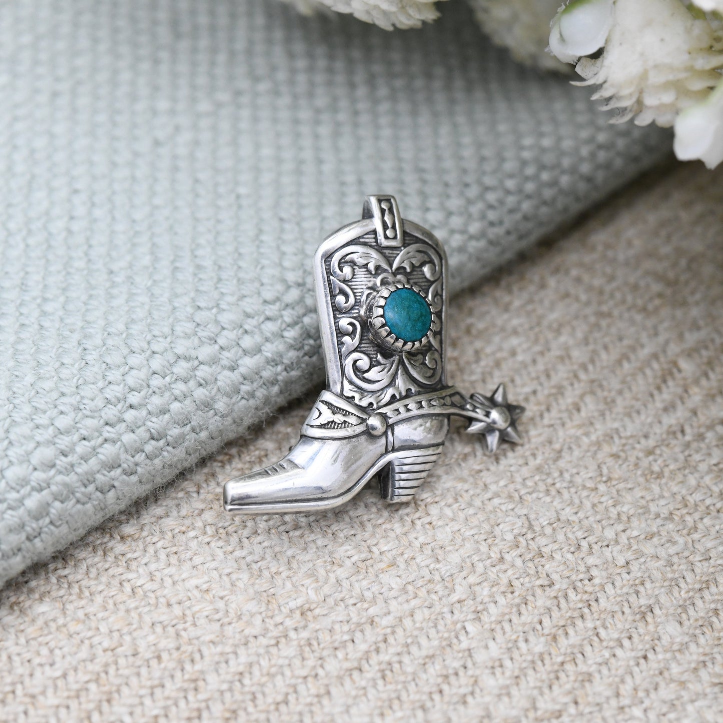 Vintage Sterling Silver Turquoise Cowboy Boot Brooch with Spur - Southwestern Design | American Shoe Pin with Blue Stone