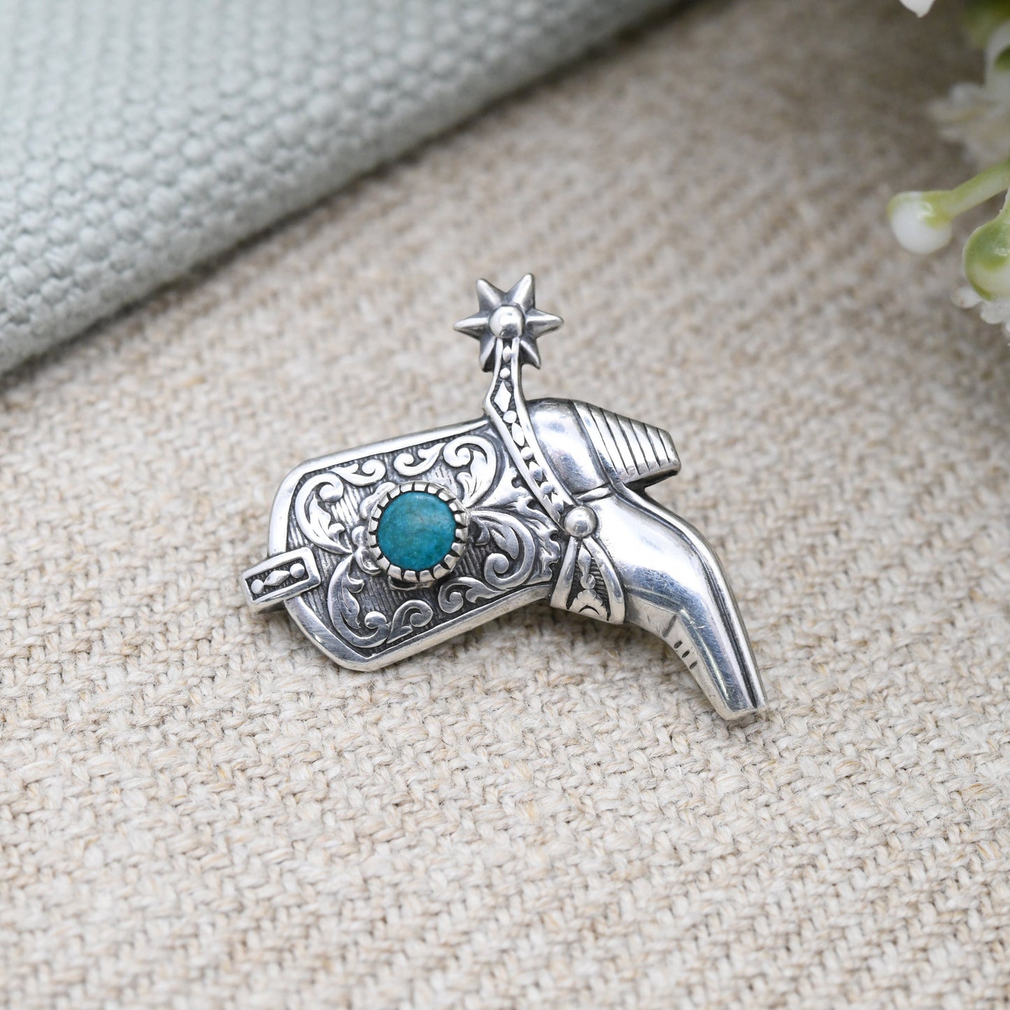 Vintage Sterling Silver Turquoise Cowboy Boot Brooch with Spur - Southwestern Design | American Shoe Pin with Blue Stone