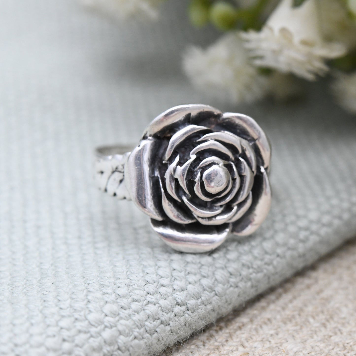 Vintage Sterling Silver Rose Ring - Chunky Flower Floral Shape | Floral Formed Solid Silver | UK Size - O 1/2 | US Size - 7 1/2