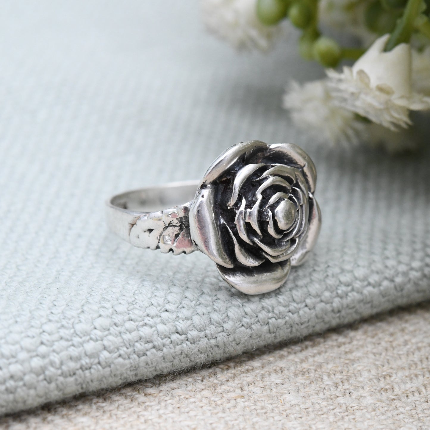 Vintage Sterling Silver Rose Ring - Chunky Flower Floral Shape | Floral Formed Solid Silver | UK Size - O 1/2 | US Size - 7 1/2