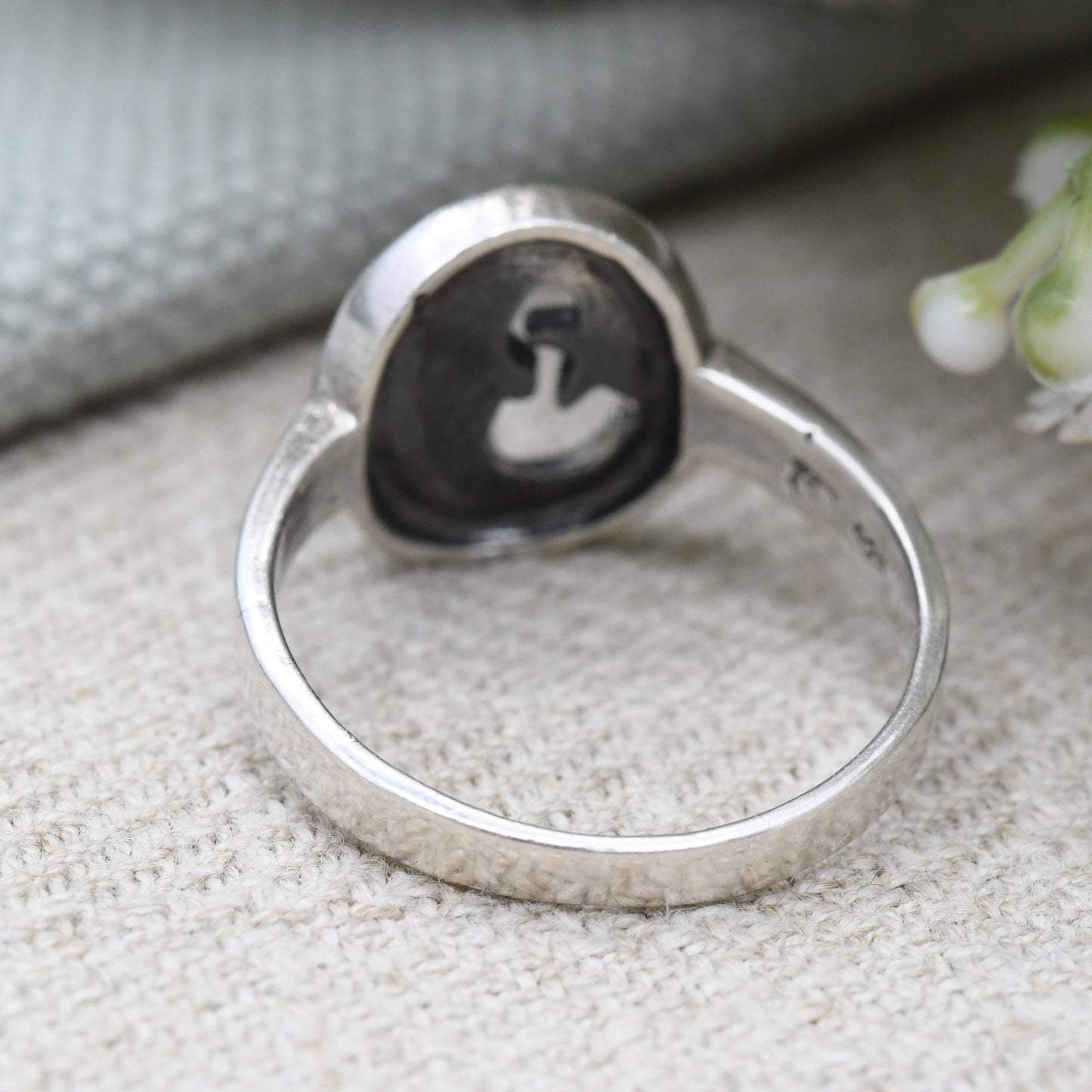 Sterling Silver Crescent Moon Face Ring - Circle Moonface | Pretty Celestial Moon and Star | Large Size | UK Size - U | US Size - 10