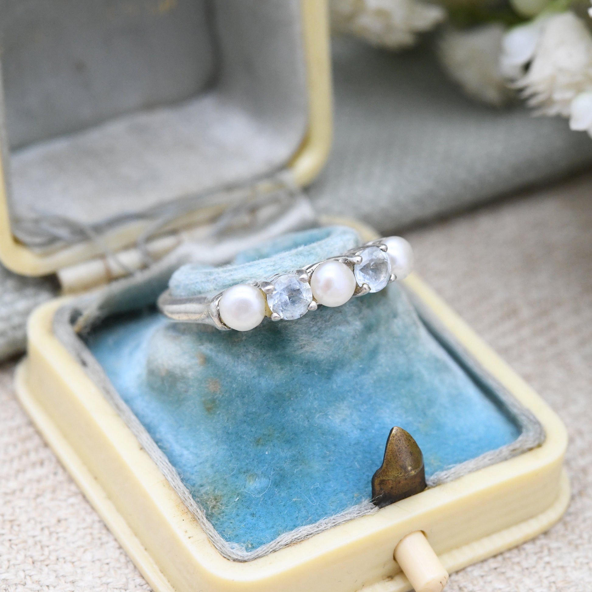 Sterling Silver Pearl Five Stone Ring - Pretty Delicate Jewellery 5 Stones Light Blue | UK Size - L | US Size - 5 3/4