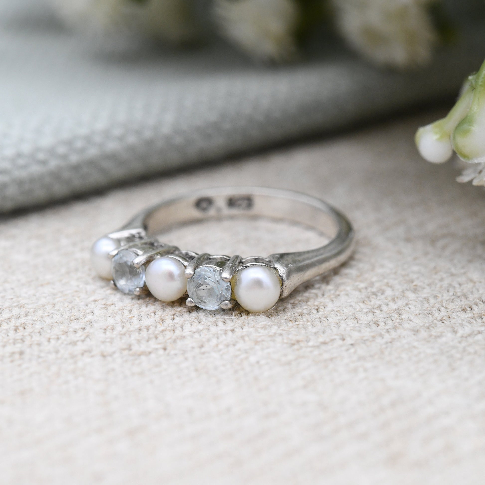 Sterling Silver Pearl Five Stone Ring - Pretty Delicate Jewellery 5 Stones Light Blue | UK Size - L | US Size - 5 3/4