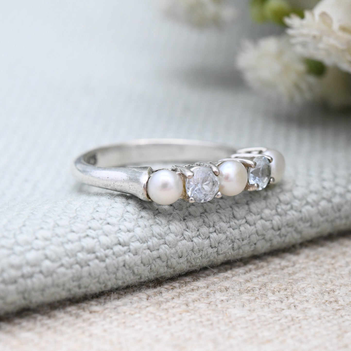 Sterling Silver Pearl Five Stone Ring - Pretty Delicate Jewellery 5 Stones Light Blue | UK Size - L | US Size - 5 3/4