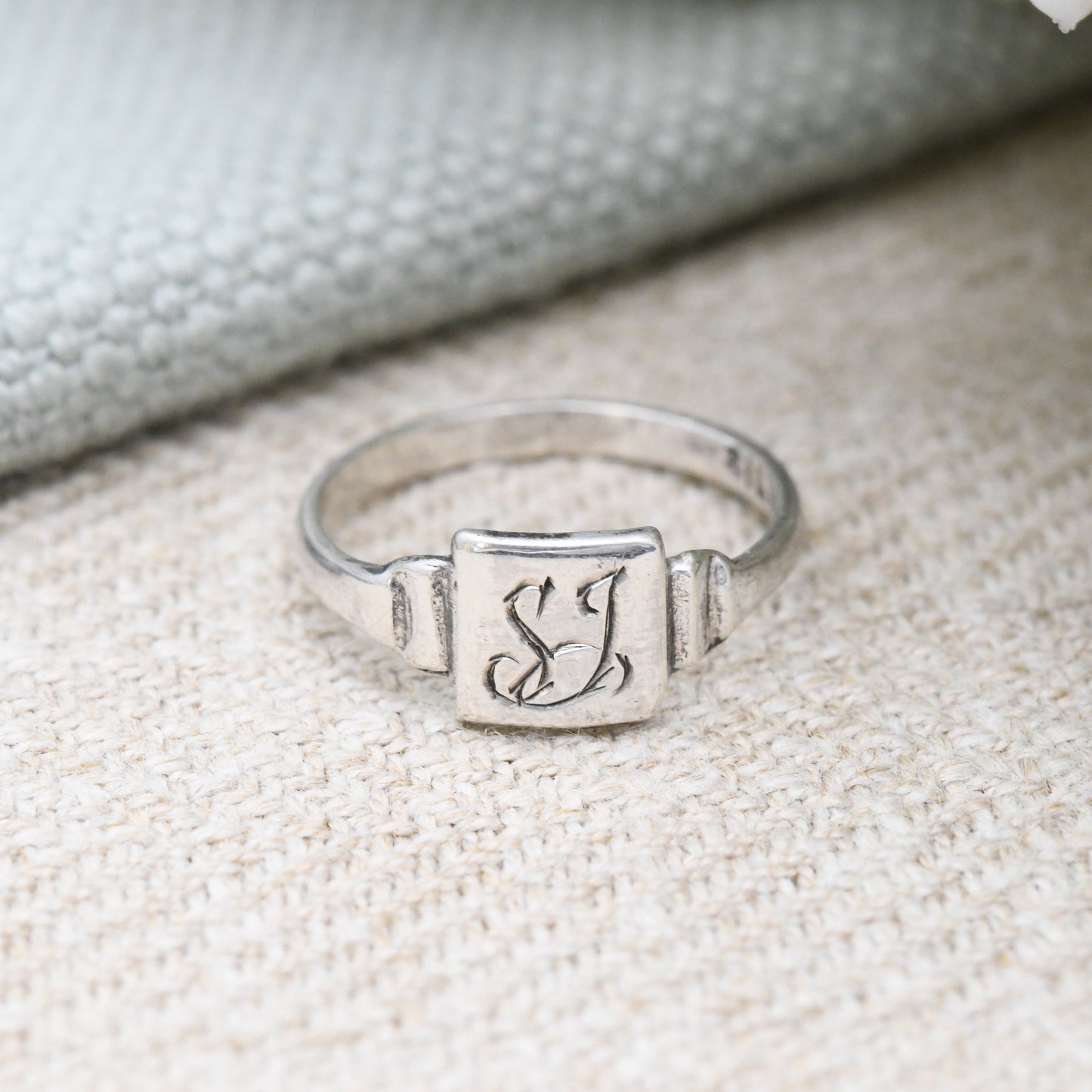 Vintage Sterling Silver Monogram Signet Ring - Engraved Initials SJ | Small Pinkie Ring | UK Size - H | US Size - 3 3/4