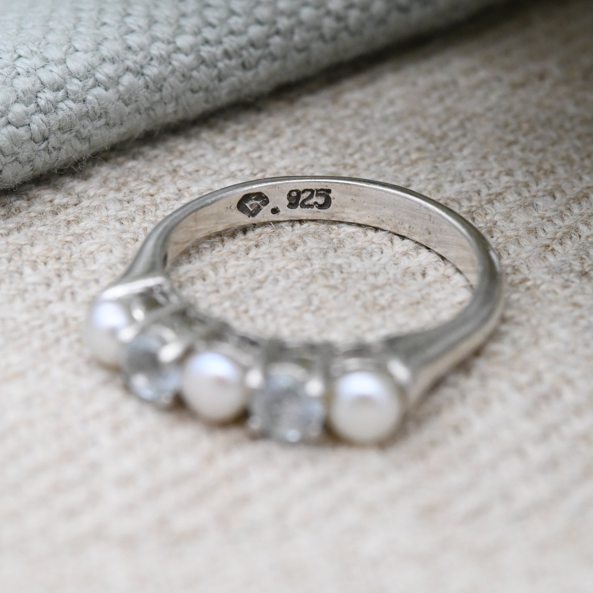 Sterling Silver Pearl Five Stone Ring - Pretty Delicate Jewellery 5 Stones Light Blue | UK Size - L | US Size - 5 3/4