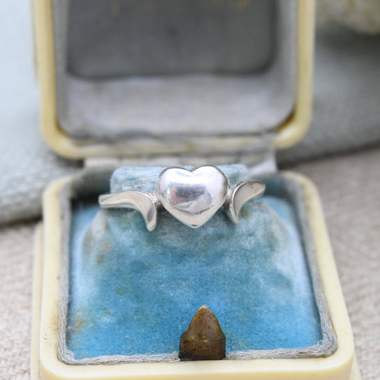 Vintage Silver Heart Ring - Minimal Silver Love Heart Jewellery | Sweet Gift for Her | UK Size - M 1/2 | US Size - 6 1/2