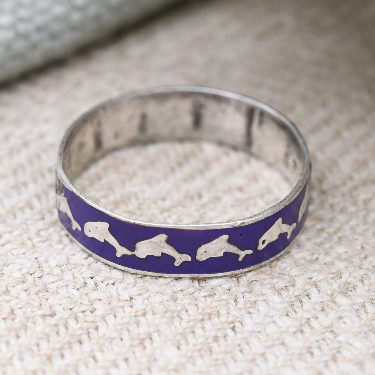 Vintage Sterling Silver Blue Enamel Dolphin Band Ring -Made in Mexico | UK Size - K 1/2 | US Size - 5 1/2