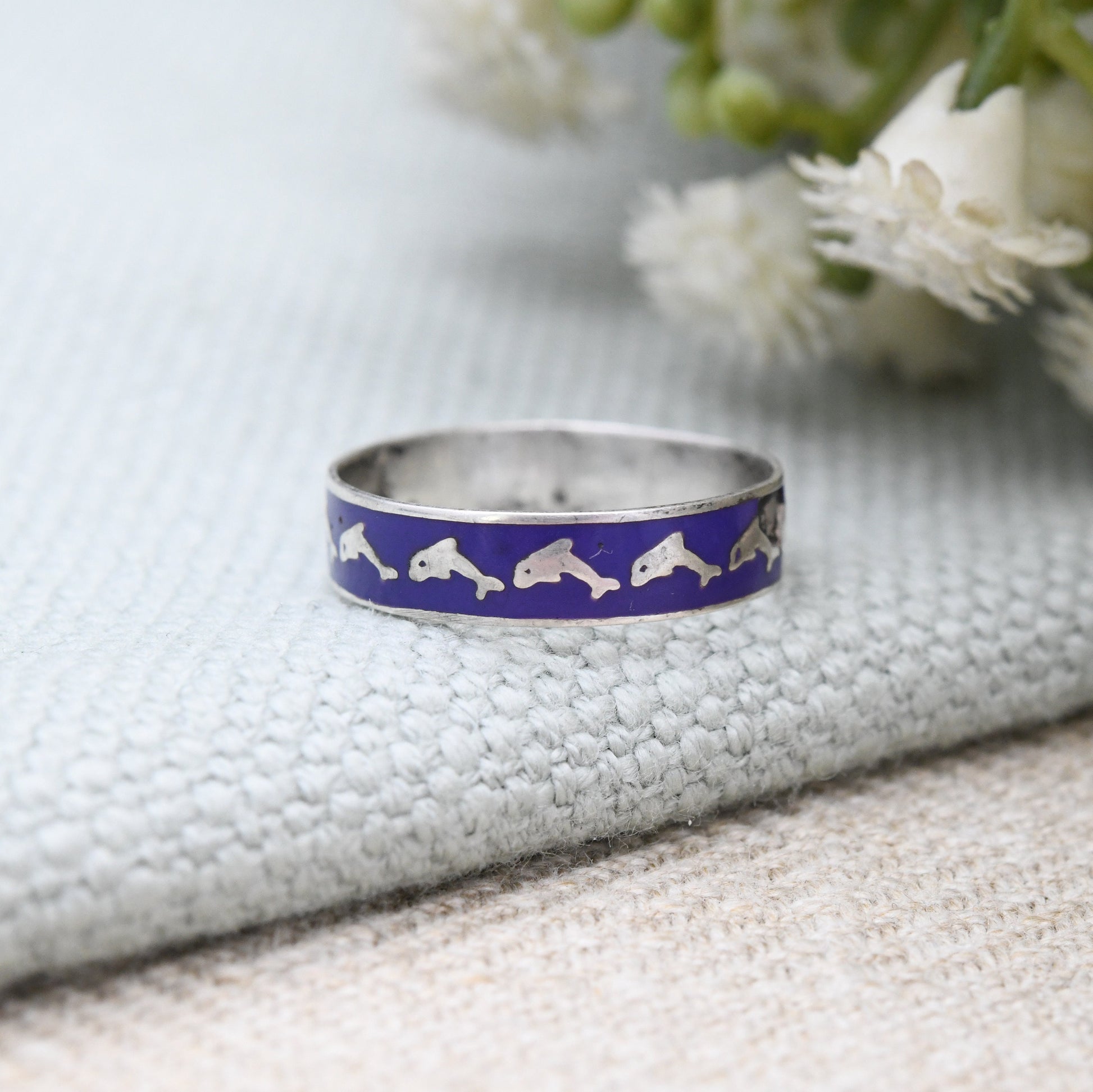 Vintage Sterling Silver Blue Enamel Dolphin Band Ring -Made in Mexico | UK Size - K 1/2 | US Size - 5 1/2