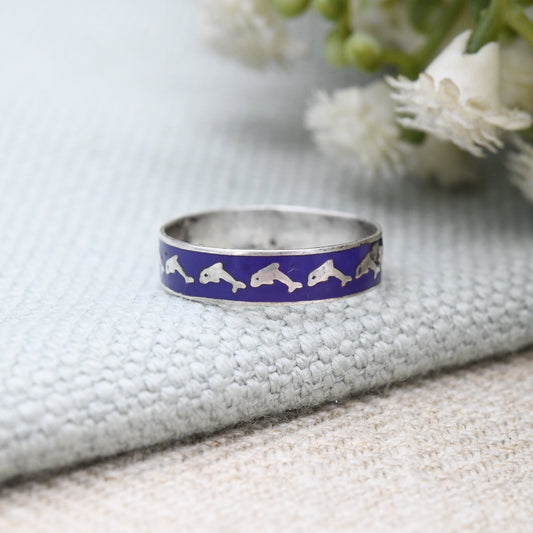 Vintage Sterling Silver Blue Enamel Dolphin Band Ring -Made in Mexico | UK Size - K 1/2 | US Size - 5 1/2