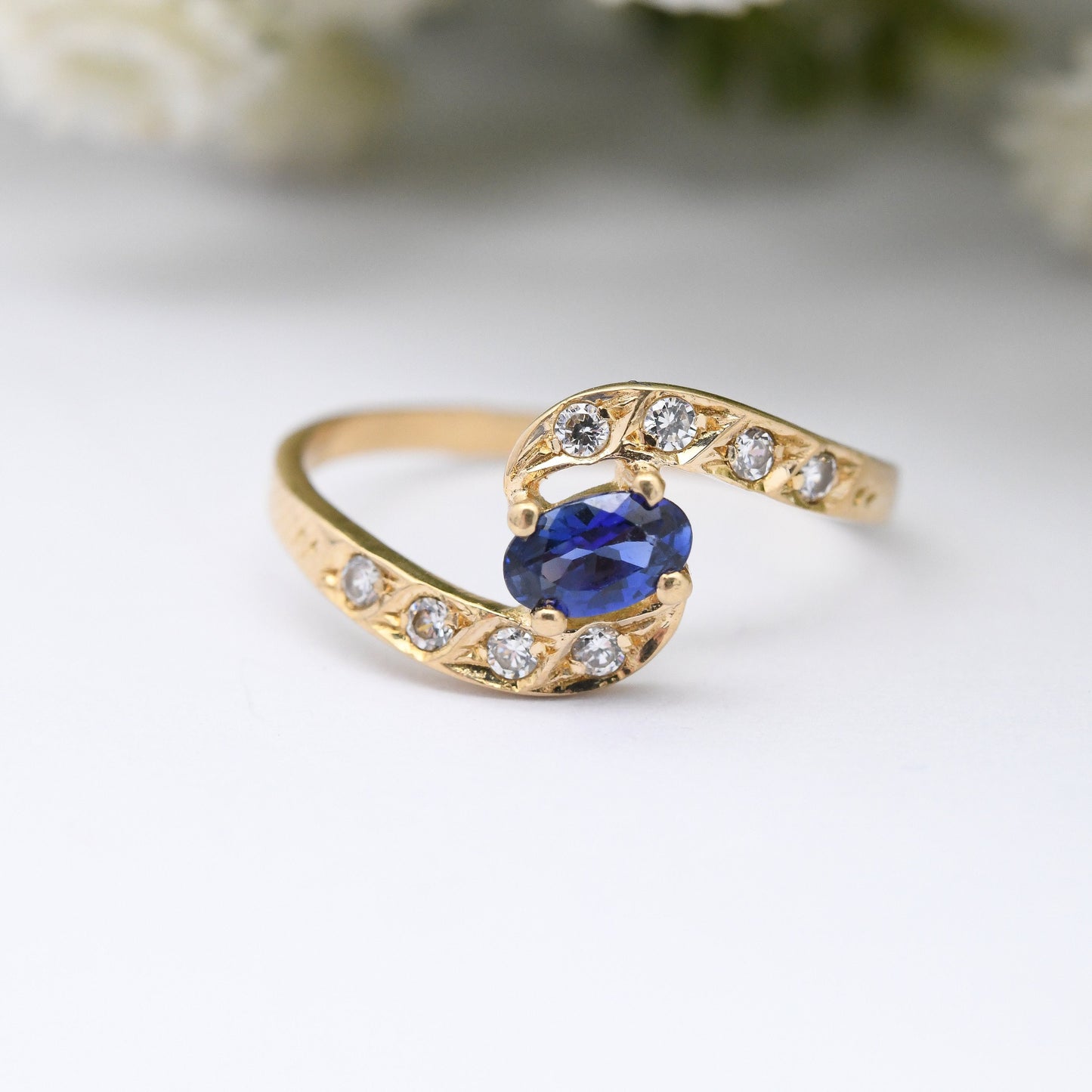 Vintage 19ct Gold Sapphire Ring - Portuguese Gold Engagement Ring | Bypass Style | with White Stones | UK Size - K | US Size - 5 1/4