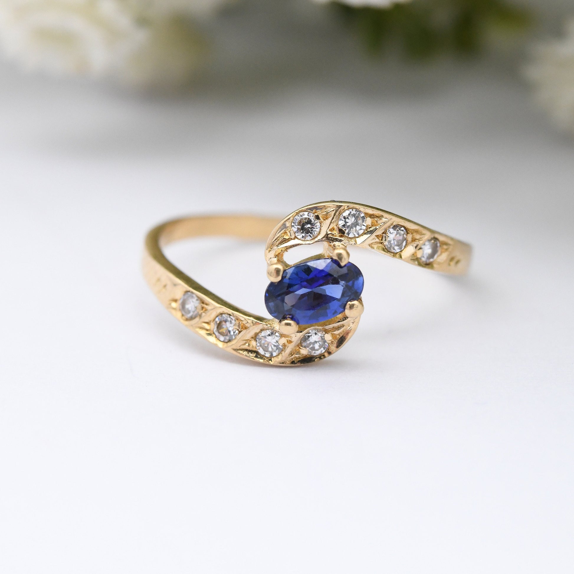 Vintage 19ct Gold Sapphire Ring - Portuguese Gold Engagement Ring | Bypass Style | with White Stones | UK Size - K | US Size - 5 1/4