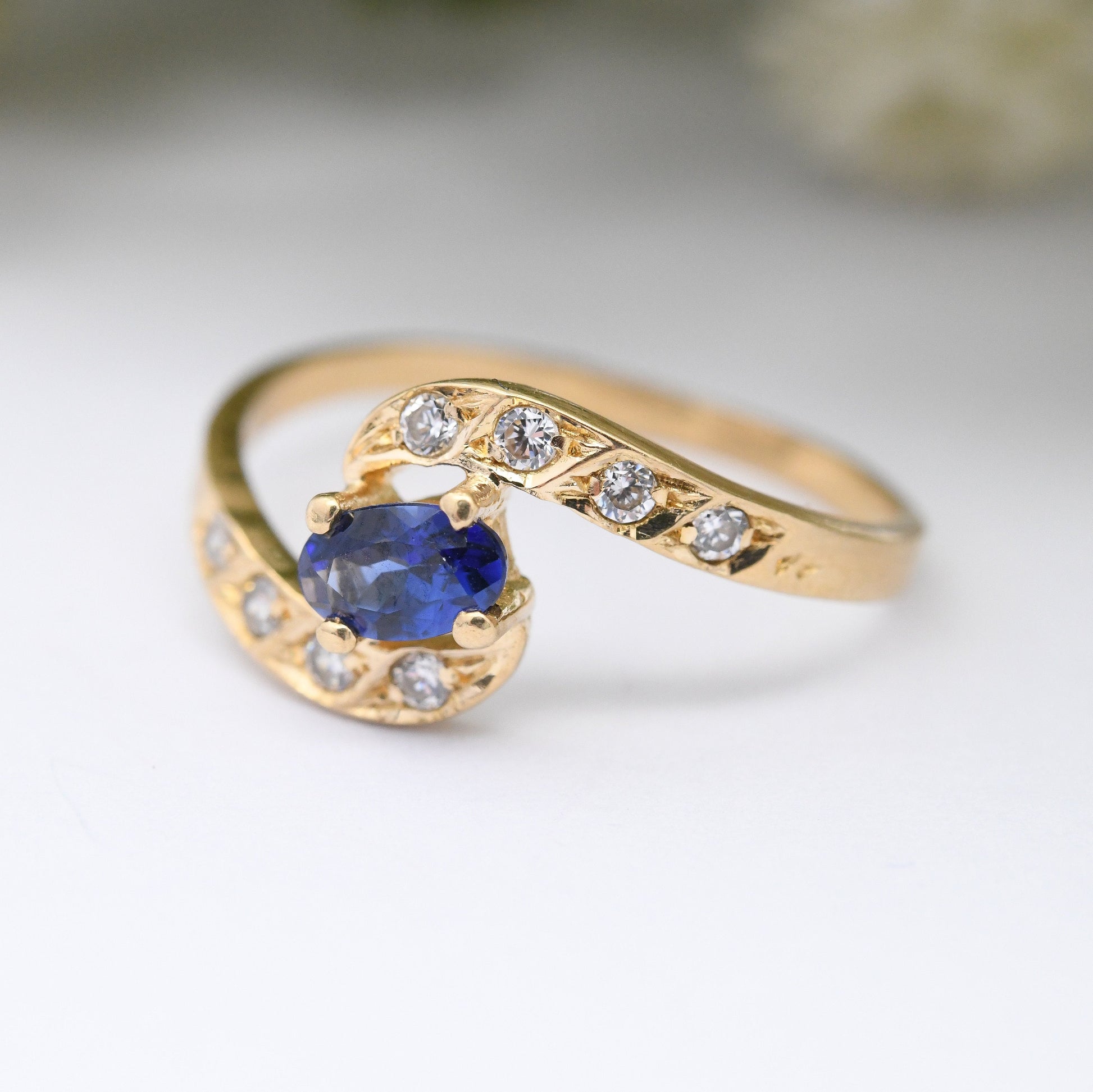 Vintage 19ct Gold Sapphire Ring - Portuguese Gold Engagement Ring | Bypass Style | with White Stones | UK Size - K | US Size - 5 1/4