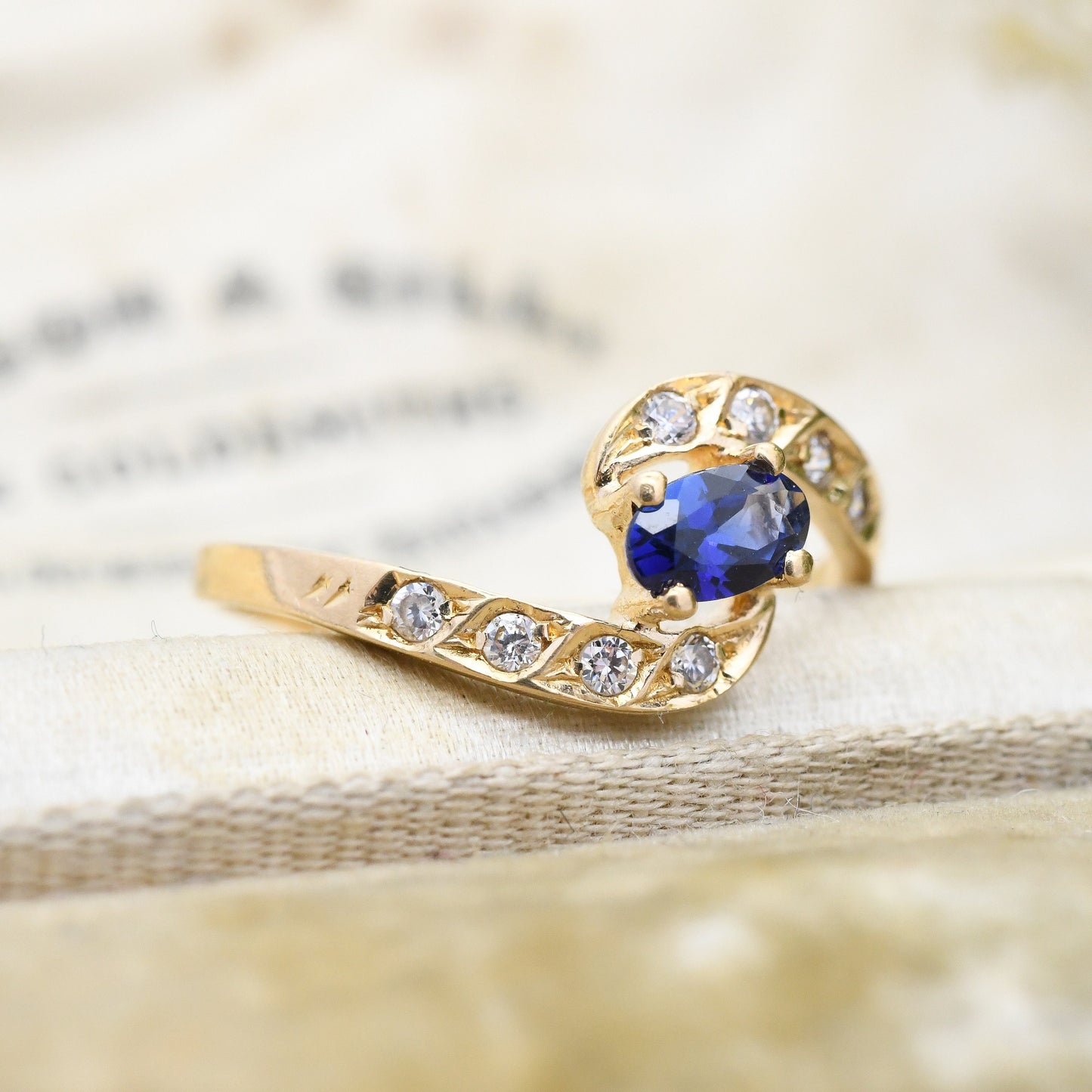 Vintage 19ct Gold Sapphire Ring - Portuguese Gold Engagement Ring | Bypass Style | with White Stones | UK Size - K | US Size - 5 1/4