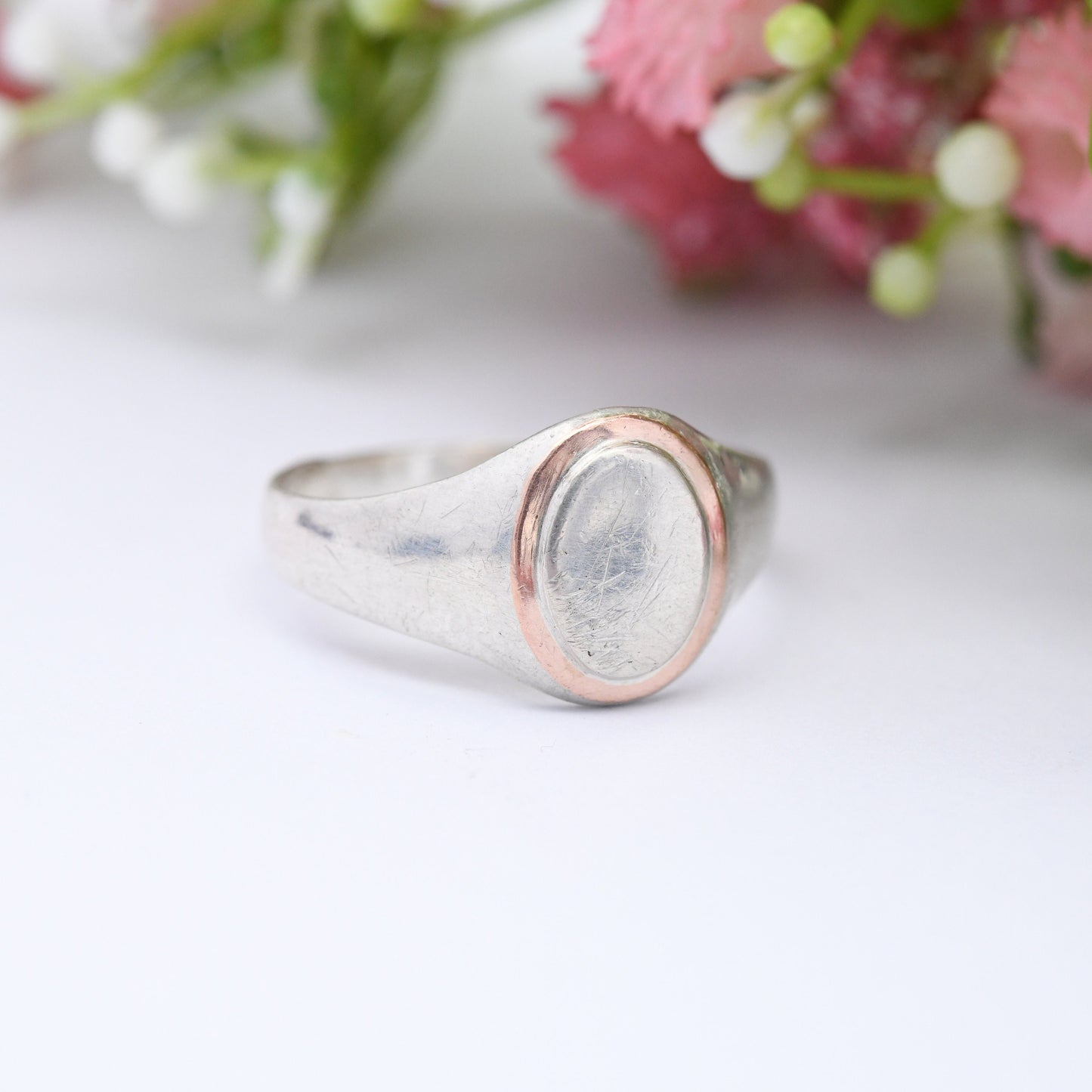 Vintage Silver Signet Ring with Rose Gold Plated Border - Portuguese Silver Jewellery | Mid-Century Unisex | UK Size - U | US Size - 10