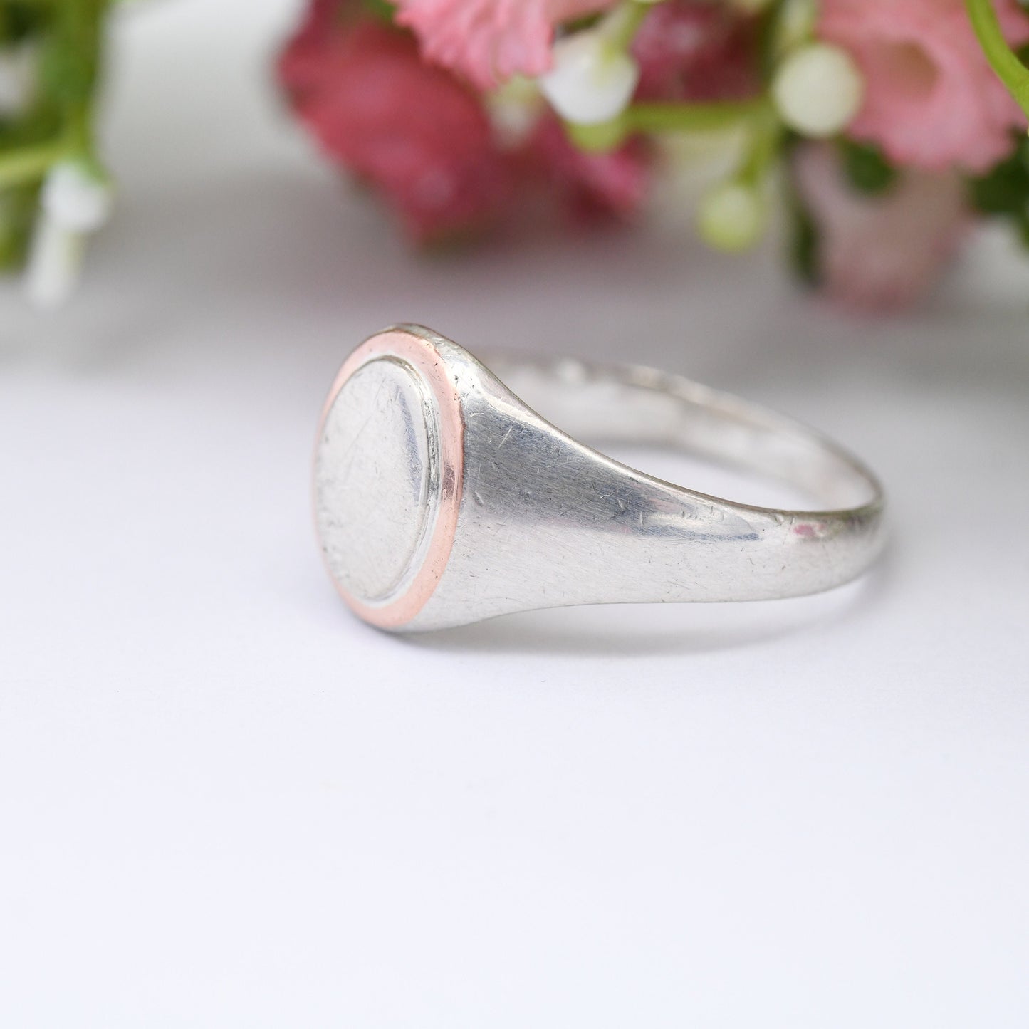 Vintage Silver Signet Ring with Rose Gold Plated Border - Portuguese Silver Jewellery | Mid-Century Unisex | UK Size - U | US Size - 10