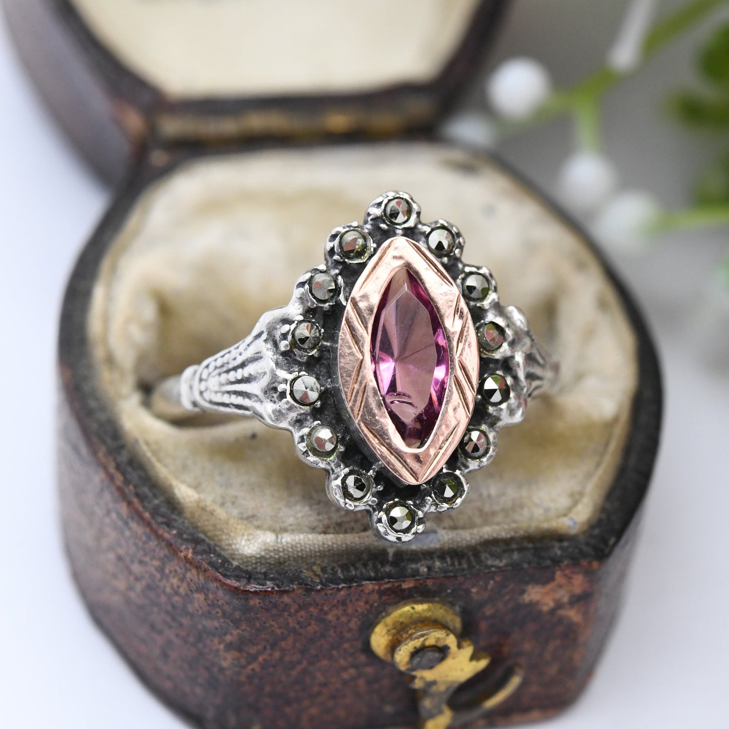 Vintage Portuguese Gold and Silver Statement Ring with Pink Glass and Marcasite Stones - Art Deco Style | UK Size - S | US Size - 9